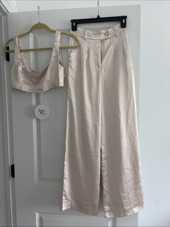 Princess Polly Pants - Princess Polly Cream Satin High-Waist Wide-Leg Pants & Crop Top Set
